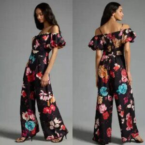 Anthropologie Ranna Gill Off-The-Shoulder Wide Leg Linen Jumpsuit